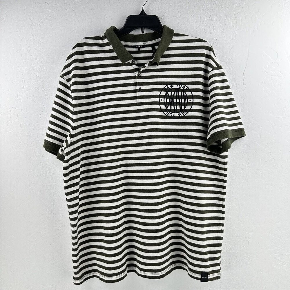 Vintage DKNY Embroidered Rugby Logo GREEN IVORY Polo Shirt Men's Size XL Stripe‎